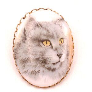 Vtg Porcelain Cat Brooch Pin Hand Painted Style Gray Persian Cat Cameo Portrait
